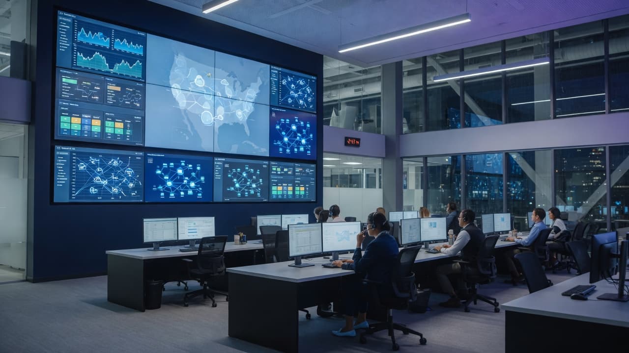 The Cleveland Cloud Company network operations center with 24/7 monitoring dashboards